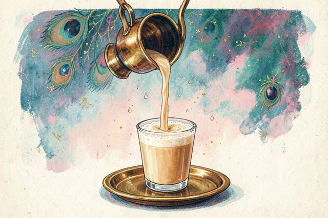 Masala chai poured from a brass pot into a glass