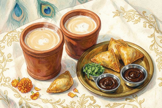 Two clay kulhads of chai beside a plate of samosas with chutneys