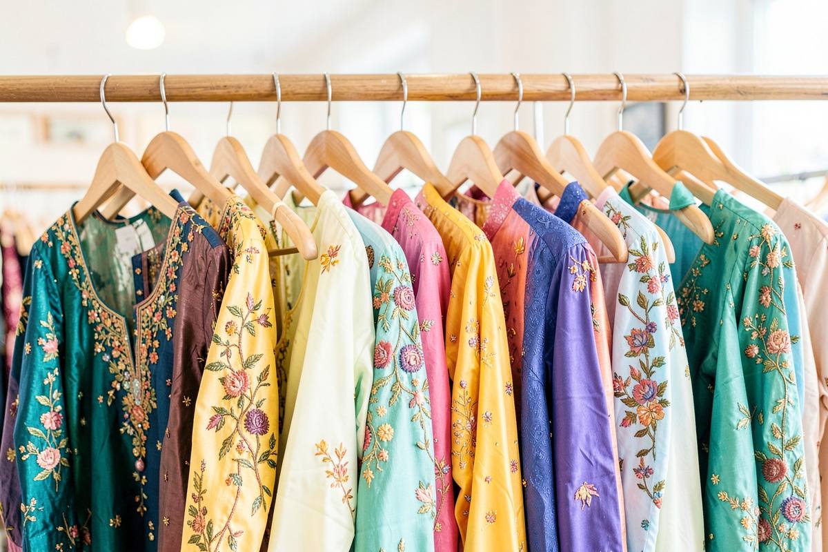 Rail of embroidered kurtas in a boutique