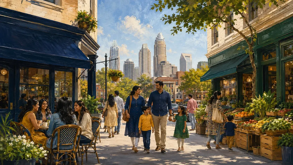 Original illustration of a Saturday among neighborhood shops and cafes