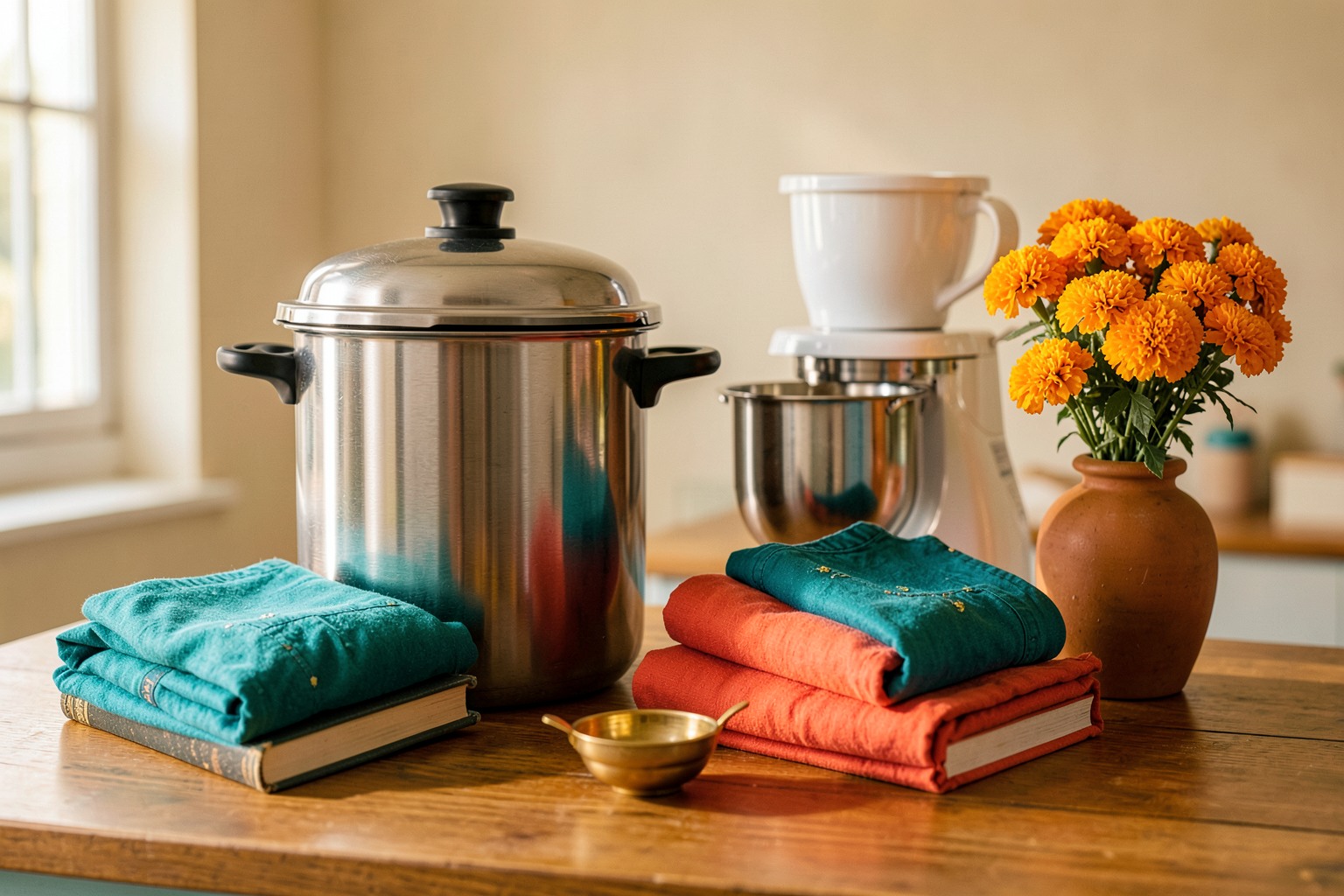 Generated editorial still life of kitchenware, colorful clothing, books and marigolds