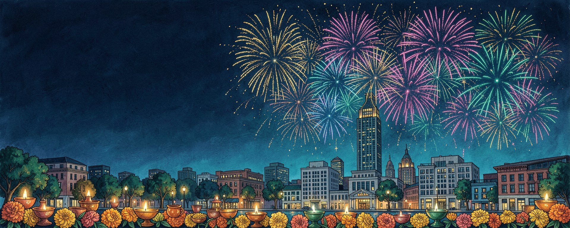 Charlotte skyline with Diwali fireworks and diyas