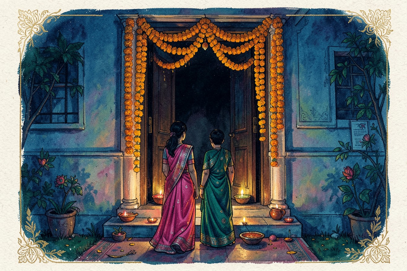 A family lighting diyas at their front door for Diwali