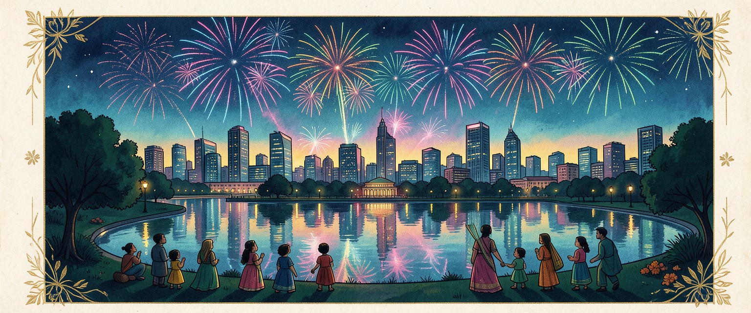 Diwali fireworks over a city skyline