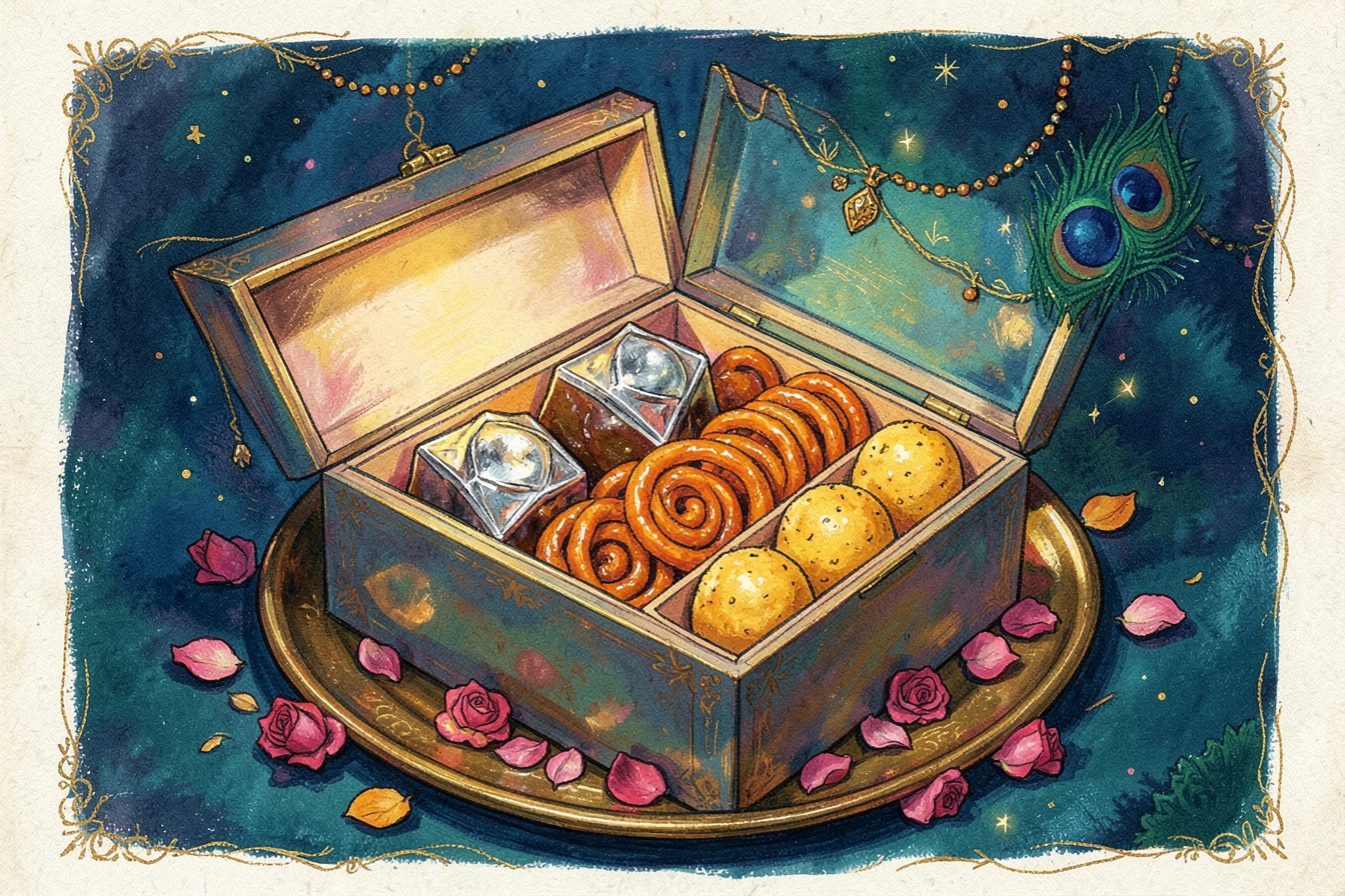 A Diwali sweet box with kaju katli, jalebi and laddoo