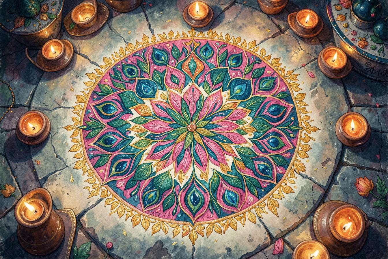 A flower rangoli ringed with lit diyas