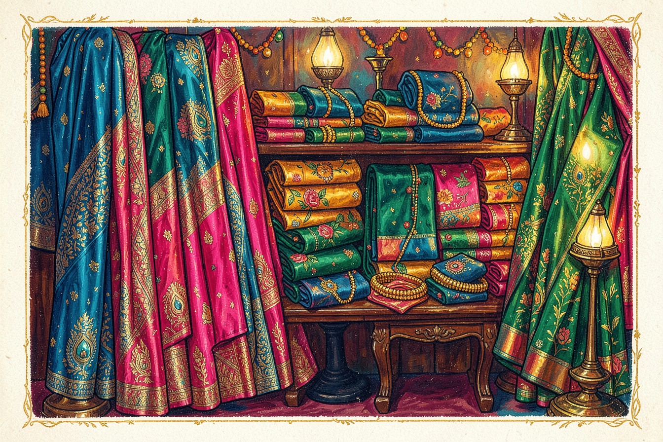 Silk sarees and gold bangles on a festive shop counter