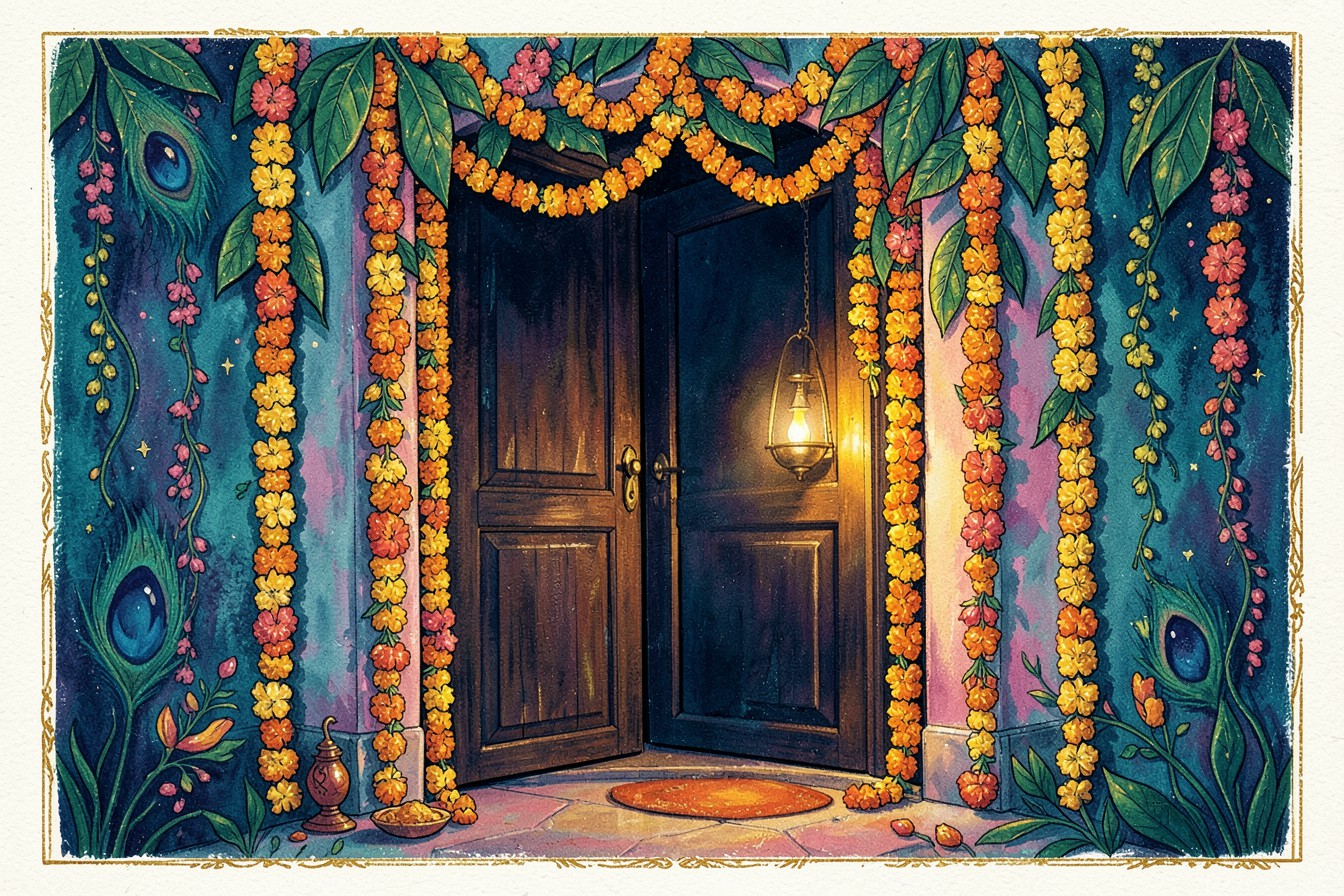 A doorway hung with marigold torans and lit diyas
