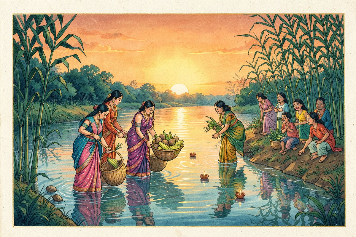 Women in bright saris standing in a river at sunset, holding baskets of fruit and sugarcane toward the setting sun, with clay lamps floating on the water