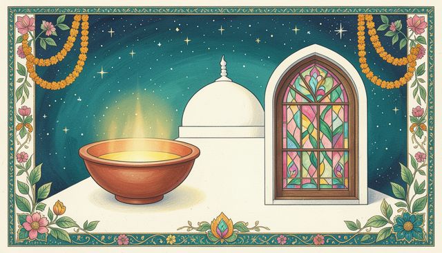 A glowing diya, a white dome and a stained glass window under a starry sky