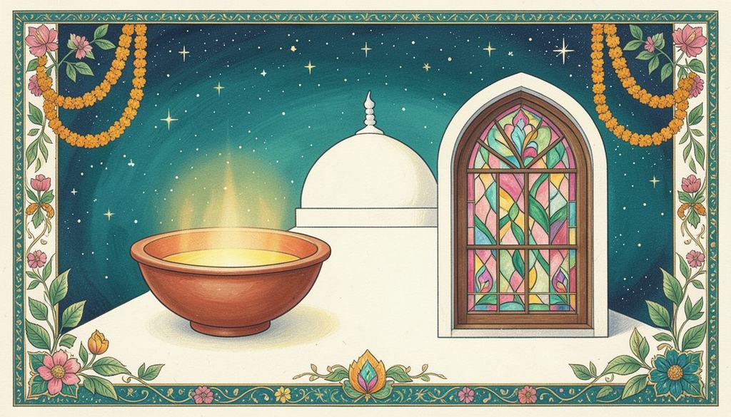 A glowing diya, a white dome and a stained glass window under a starry sky