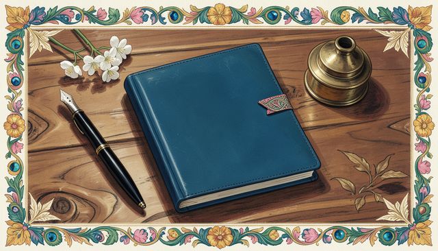 A plain blue booklet, a fountain pen and a brass inkpot on a carved desk