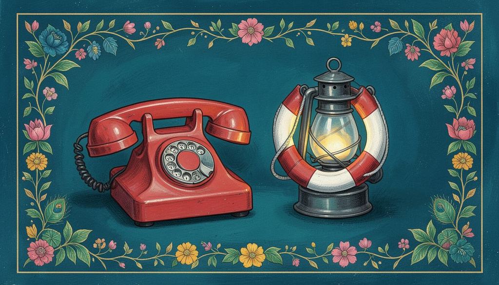A red telephone, a lifebuoy ring and a lantern on a teal background