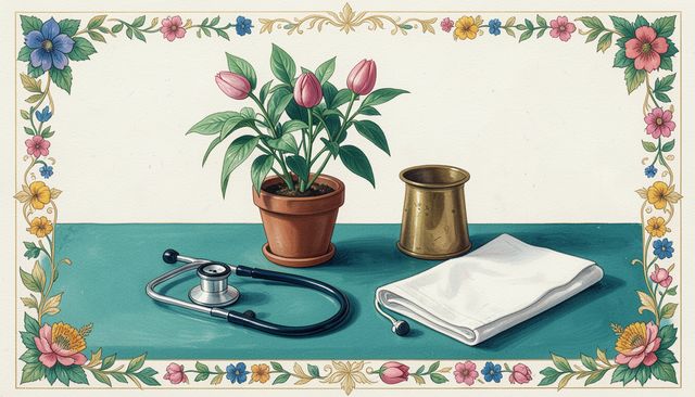A stethoscope beside a potted plant, a brass cup and a folded cloth