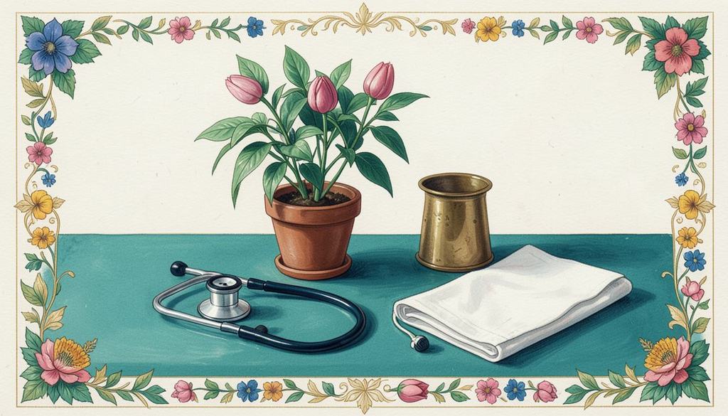 A stethoscope beside a potted plant, a brass cup and a folded cloth