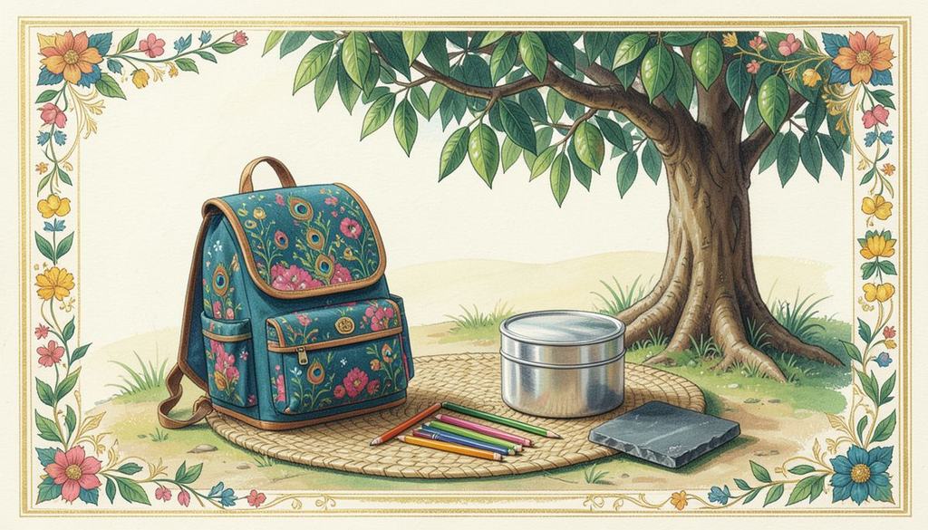 A peacock-patterned school bag, a steel tiffin and pencils under a tree
