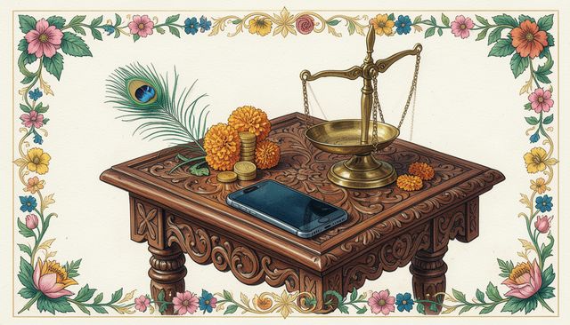 Gold coins, a brass scale, a phone and marigolds on a carved table
