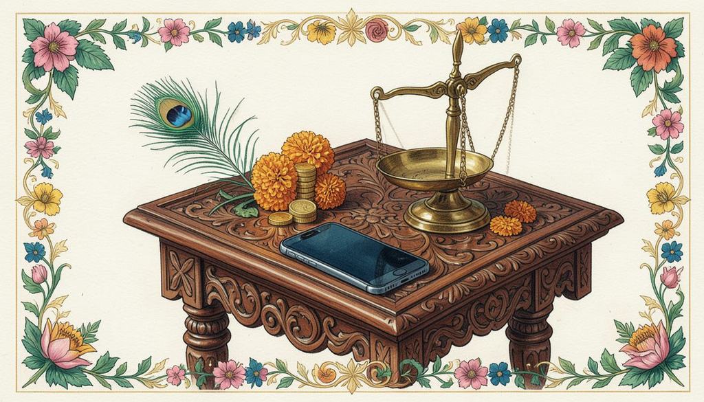 Gold coins, a brass scale, a phone and marigolds on a carved table