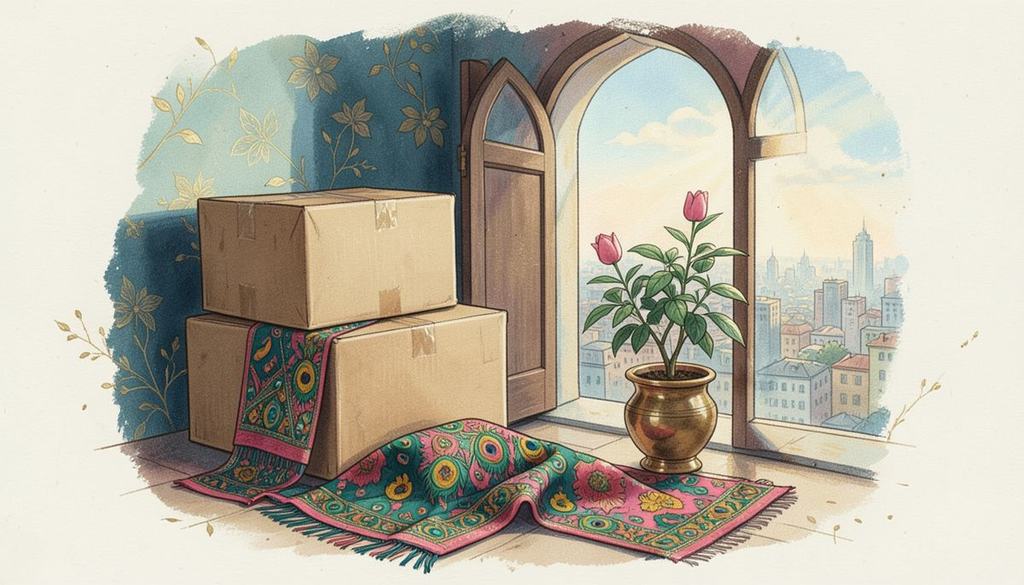 Moving boxes, a brass lota and a tulsi plant by an open doorway looking out at a city