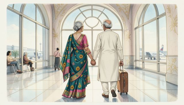 An elderly couple in a saree and kurta walking hand in hand through an airport hall