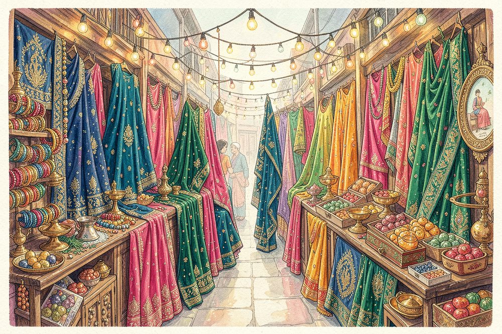 An illustrated festival bazaar: sarees, bangles and brass lamps under string lights