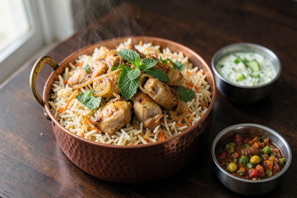 Chicken dum biryani in a copper pot with raita