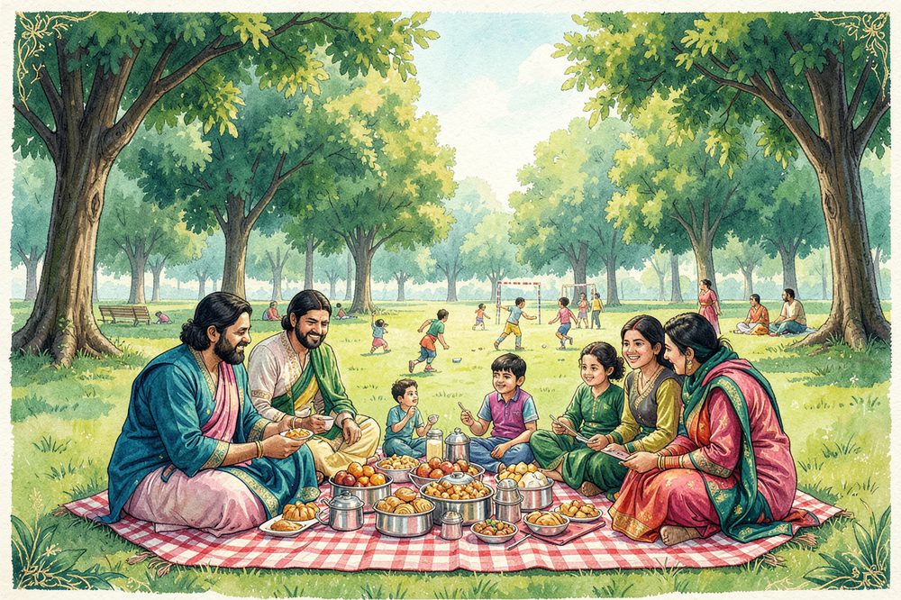 An illustrated family picnic in a park, with steel dishes of food laid out on a checked blanket