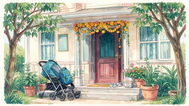 Illustration of a family front porch with a stroller, small shoes and a marigold garland