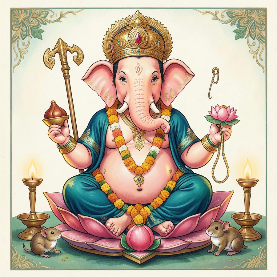 Lord Ganesha seated on a lotus, in the Tanjore painting tradition
