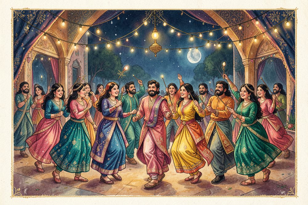 Dancers in a circle at a garba night