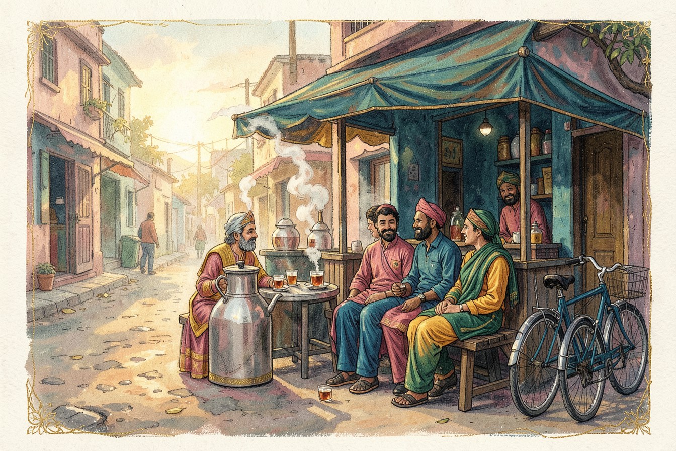 Friends sitting on a bench at a street chai stall at dawn, glasses of chai on the table and a big steel kettle steaming