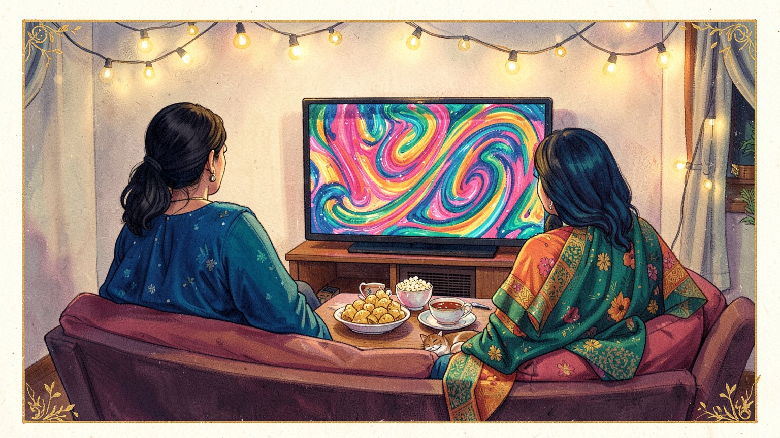 Illustration of a family watching a movie together on the sofa, with popcorn, samosas and chai