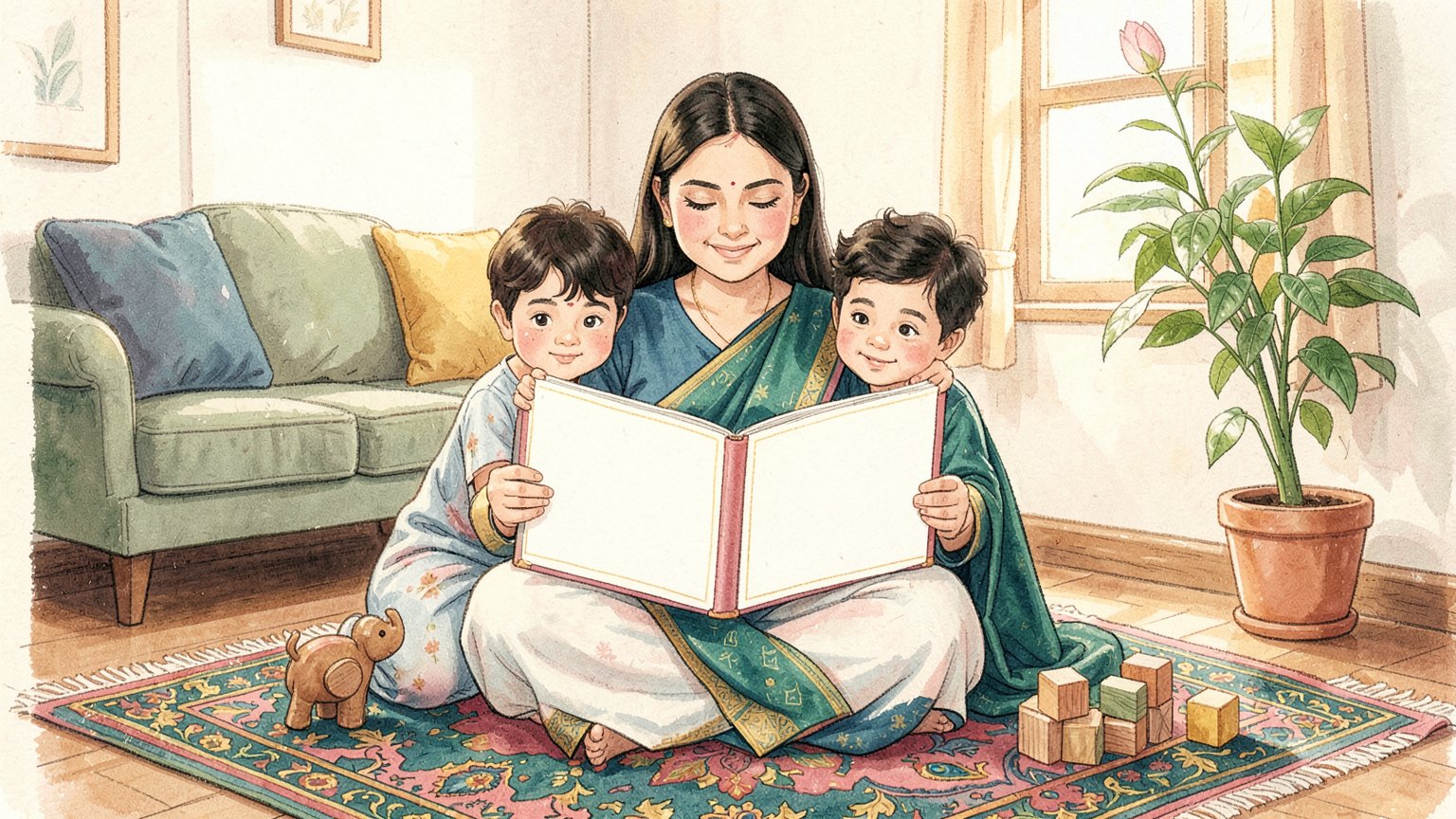 Illustration of a caregiver in a saree reading a picture book to two small children on a living room rug
