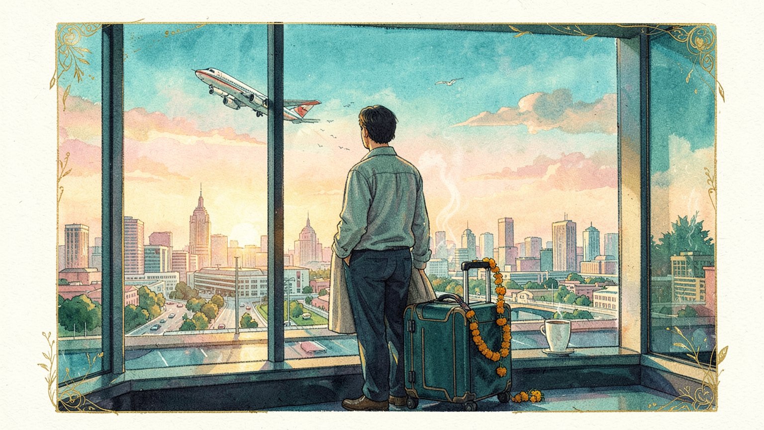 Illustration of a person with a suitcase looking out an airport window at the Charlotte skyline at dawn