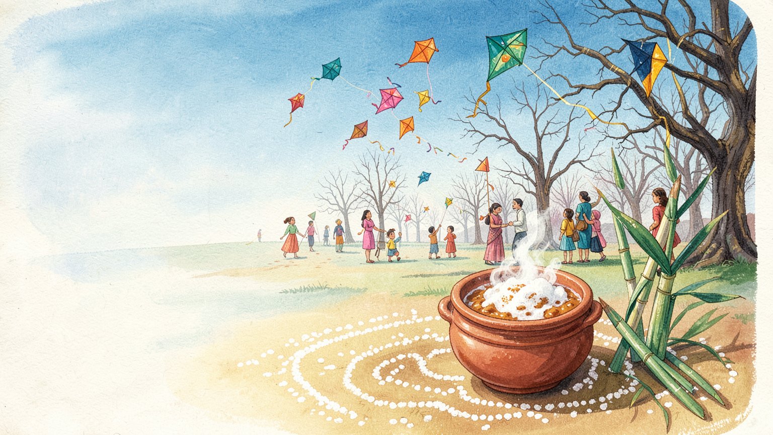 Families flying kites in a park on a clear winter day, with a clay pot of pongal boiling over beside sugarcane and a rice-flour kolam