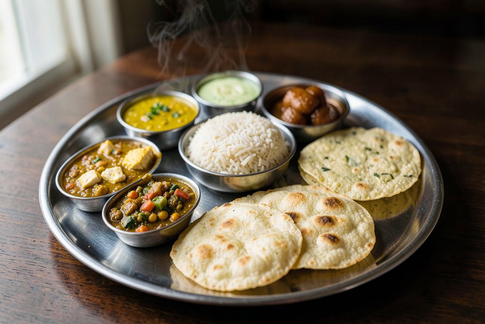 A vegetarian thali with dal, paneer, rice, rotis and papad