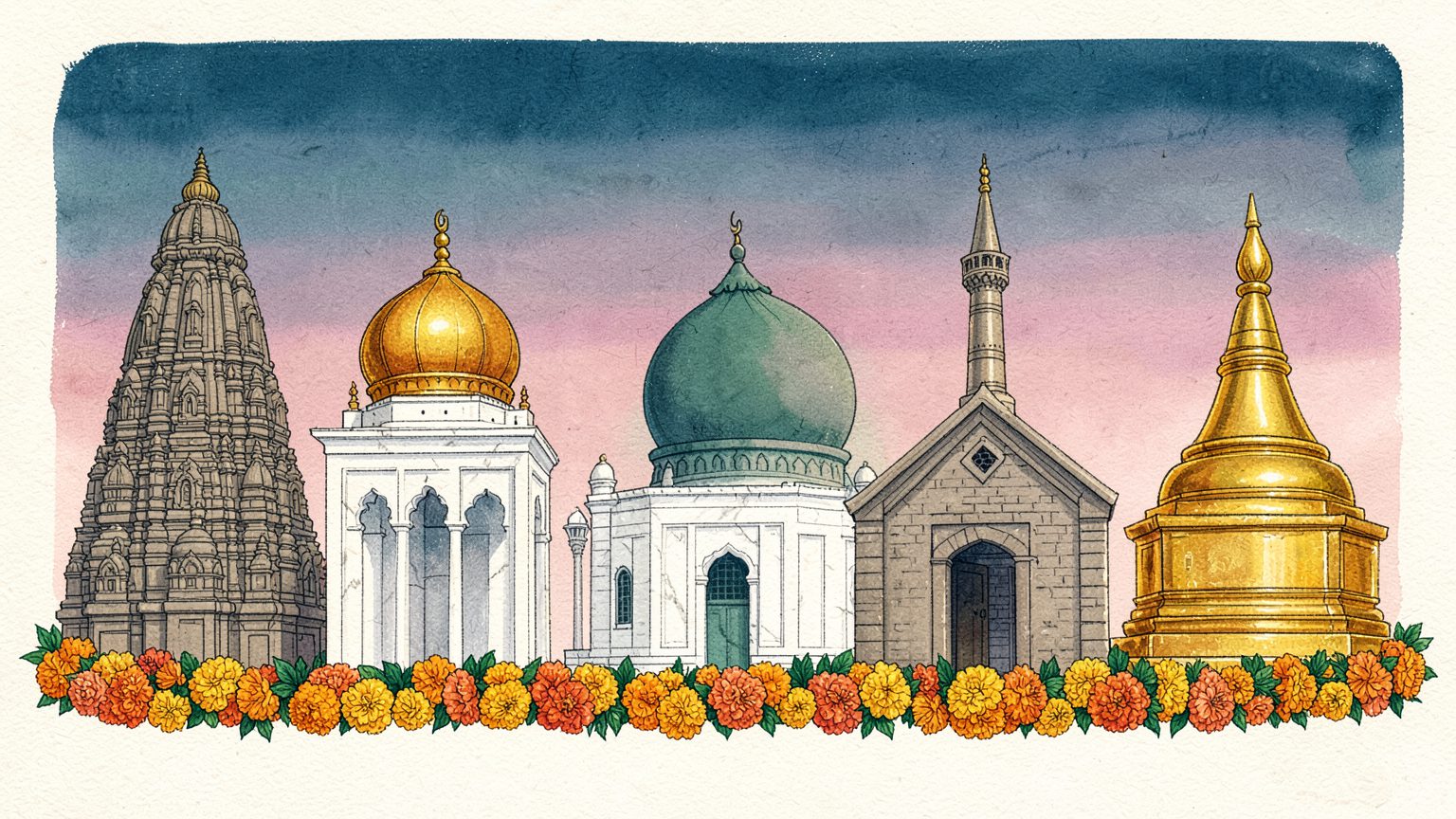 A Hindu temple, a Sikh gurdwara, a mosque, a church and a Buddhist stupa side by side, joined by a marigold garland