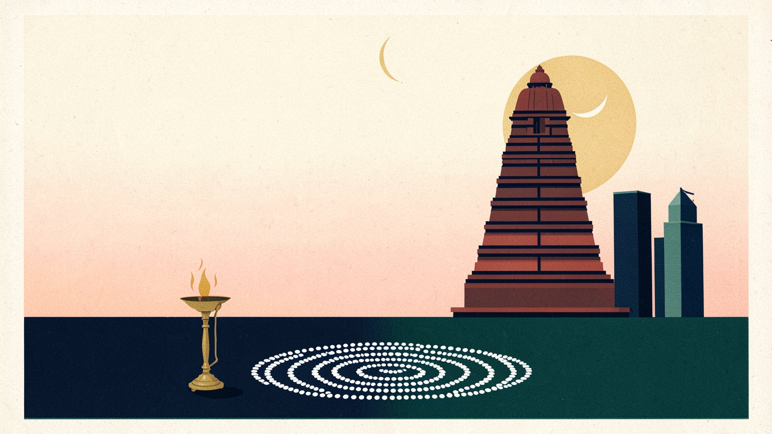 Risograph style illustration of dawn over a South Indian temple gopuram with Charlotte skyscrapers beside it, a gold rising sun and a thin crescent moon in a pale coral sky, a brass oil lamp with a small flame and a white dot kolam of concentric rings on the ground.
